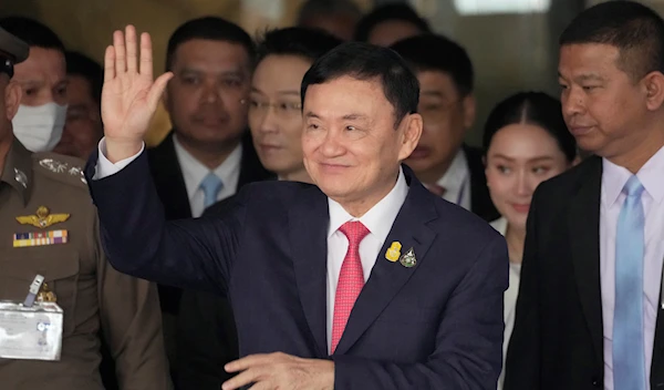 Former Prime Minister Thaksin Shinawatra, arrive Don Muang airport in Bangkok, Thailand, on Aug. 22, 2023.  (AP)