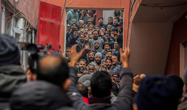 Supporters of Jammu Kashmir National Conference shout slogans during a protest over the death of three civilians killed in army custody, in Srinagar, Indian controlled Kashmir, Dec. 23, 2023. (AP)