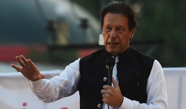 Imran Khan is pictured at a lawyers' convention in Lahore on September 21, 2022. (AFP via Getty Images)