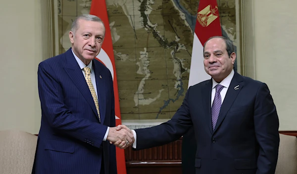 In this handout photo released by the Turkish Presidency, Turkey's President Recep Tayyip Erdogan, left, shakes hands with Egyptian President Abdel Fattah Al-Sissi during their meeting at Al-Ittihadiya palace in Cairo, Egypt, Wednesday, Feb. 14, 2024(AP)