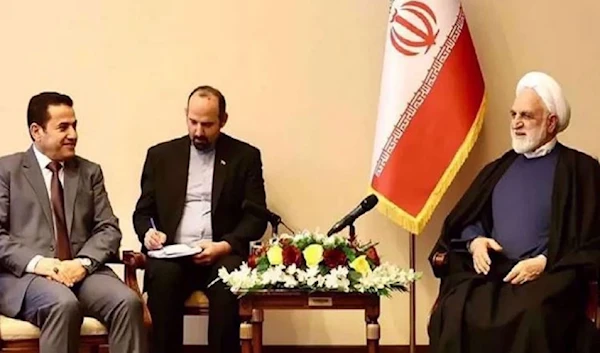 Iran’s Judiciary Chief Gholamhossein Mohseni-Ejei (R) and Iraqi National Security Advisor Qasim al-Araji meet in Baghdad on February 15, 2024. (Press TV)