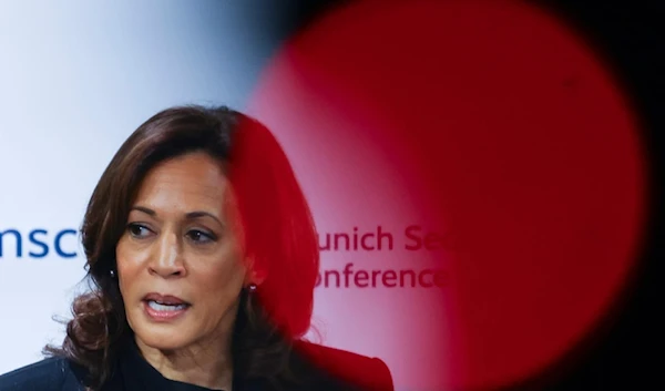 U.S. Vice President Kamala Harris speaks during the Munich Security Conference in Munich, Germany, Friday, Feb. 16, 2024. (Kai Pfaffenbach/Pool via AP)