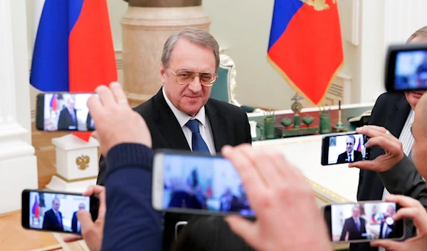 Russian Deputy Foreign Minister Mikhail Bogdanov speaks with journalists prior to Russian President Vladimir Putin and Israeli Prime Minister Benjamin Netanyahu talks in the Kremlin in Moscow, Russia, Wednesday, Feb. 27, 2019 (AP)