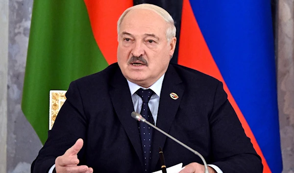 Belarus President Alexander Lukashenko speaks during a meeting of the Union State Supreme Council with Russian President Vladimir Putin in St. Petersburg, Russia, Monday, Jan. 29, 2024(AP)