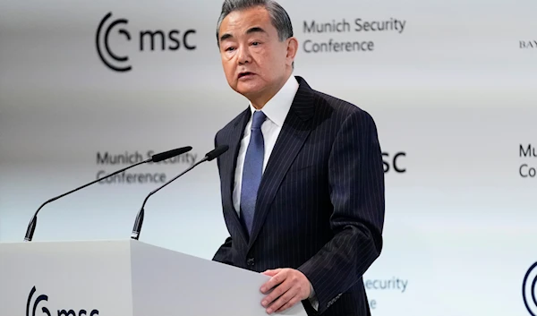 China's Director of the Office of the Central Foreign Affairs Commission Wang Yi speaks at the Munich Security Conference at the Bayerischer Hof Hotel in Munich, on Feb. 18, 2023(AP)