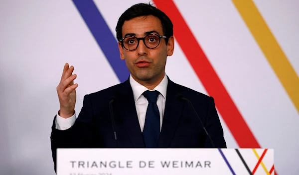 French Foreign and European Affairs Minister Stephane Sejourne, speaks during a press conference following the Weimar Triangle talks at the Chateau de La Celle Saint-Cloud near Paris, Monday, Feb. 12, 2024. (AP)