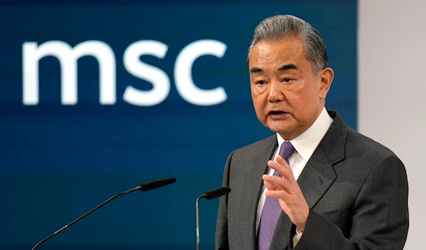 Chinese Foreign Minister Wang Yi delivers a speech at the Munich Security Conference at the Bayerischer Hof Hotel in Munich, Germany, Saturday, Feb. 17, 2024. (AP)