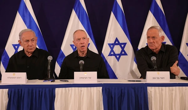 Israeli prime minister Benjamin Netanyahu, Defense Minister Yoav Gallant and Cabinet Minister Benny Gantz speak during a news conference in 'Tel Aviv', 'Israel', Oct. 28, 2023. (AP)