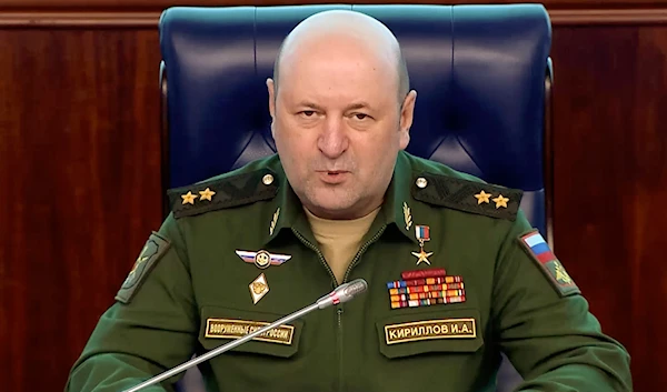 The head of the radiation, chemical and biological defense troops of the Russian Armed Forces Lt. Gen. Igor Kirillov speaks during a briefing in Moscow, Russia on February 28, 2023 (AP)