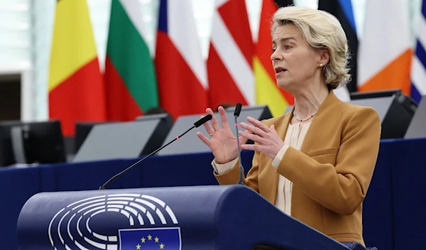 European Commission President Ursula von der Leyen delivers a speech during a plenary session at the European Parliament in Strasbourg, eastern France, on December 13, 2023. (AFP)