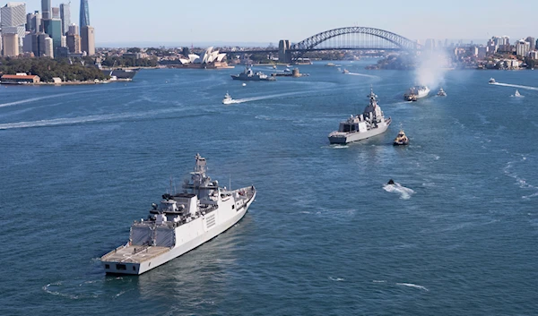 Vessels participating in Exercise Malabar 2023, the INS Sahyadri, JS Shiranui, INS Kolkata, and HMAS Brisbane, sail into Sydney Harbour on Friday, Aug. 11, 2023(AP)