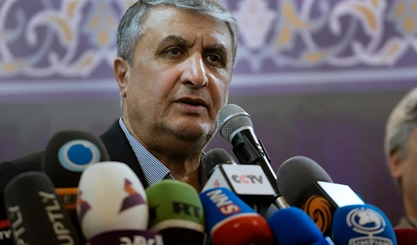 Head of Iran's atomic energy department Mohammad Eslami speaks during an exhibition of the country's nuclear achievements, in Tehran, Iran, Tuesday, Dec. 12, 2023. (AP)