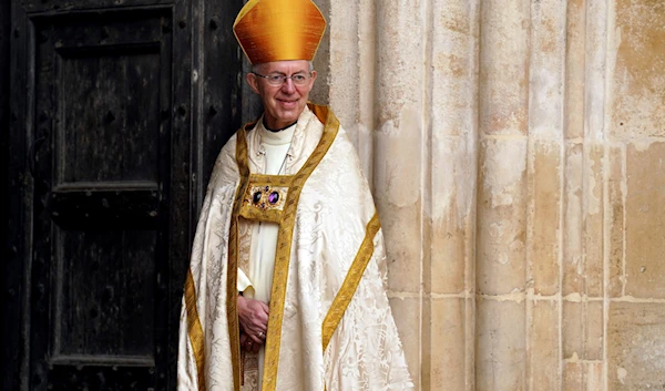 Archbishop of Canterbury Justin Welby stands at Westminster Abbey ahead of the coronation of King Charles III and Camilla, the Queen Consort, in London, Saturday, May 6, 2023. (AP)