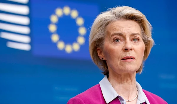 European Commission President Ursula von der Leyen talks to journalists during a joint news conference with European Council President Charles Michel during an EU summit in Brussels, Feb. 1, 2024.