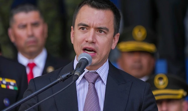 Ecuador President Daniel Noboa speaks during a ceremony to deliver equipment to police, at the Gral. Alberto Enriquez Gallo police school in Quito, Ecuador, Monday, Jan. 22, 2024. (AP)