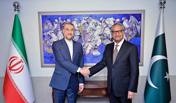 Iran's Foreign Minister Hossein Amir Abdollahian with his Pakistani counterpart, Jalil Abbas Jilani, at the Ministry of Foreign Affairs in Islamabad, Pakistan, Jan. 29, 2024. (AP)