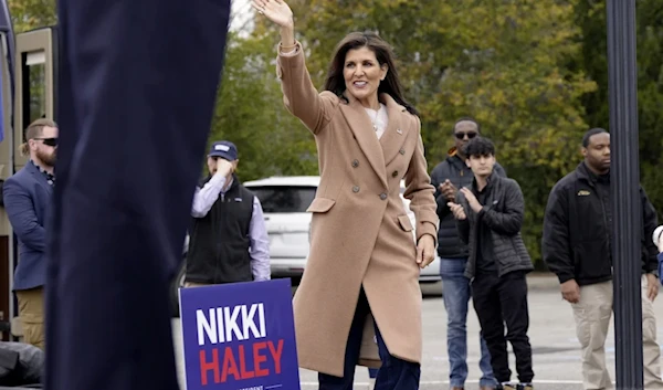 Republican presidential candidate former UN Ambassador Nikki Haley walks at stafe at a campaign event in Camden on February 19, 2024. (AP)