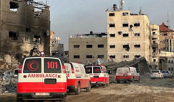 A convoy of Palestinian Red Crescent Society (PRCS) ambulances is seen evacuating the injured in the Gaza Strip. (@PalestineRCS)