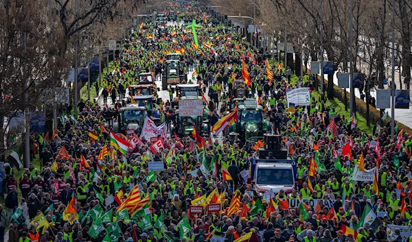 Farmers rally towards the European Parliament offices in Madrid, Spain, Monday, Feb. 26, 2024.(AP)