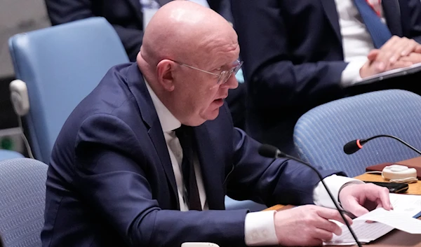 Russian ambassador Vassily Nebenzia speaks during a Security Council meeting at United Nations headquarters, on May 30, 2023. (AP)