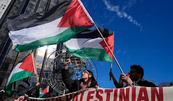 Pro-Palestinian protestors gather near Columbus Circle Wednesday, Feb. 7, 2024, in New York. (AP)