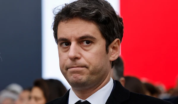 France's Prime Minister Gabriel Attal looks on during a ceremony for former French justice minister during a national tribute ceremony in his honor outside the Ministry of Justice, at the Place Vendome, in Paris Wednesday, Feb. 14, 2024. (AP)