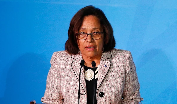 In this Sept. 23, 2019, file photo, Marshall Islands' President Hilda Heine addresses a summit at the United Nations General Assembly. (AP)