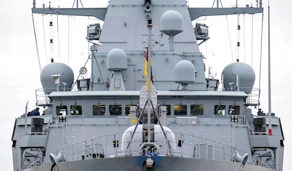 A view of the frigate "Hessen" in harbor, in Wilhelmshaven, Germany, Feb. 8, 2024. (AP)