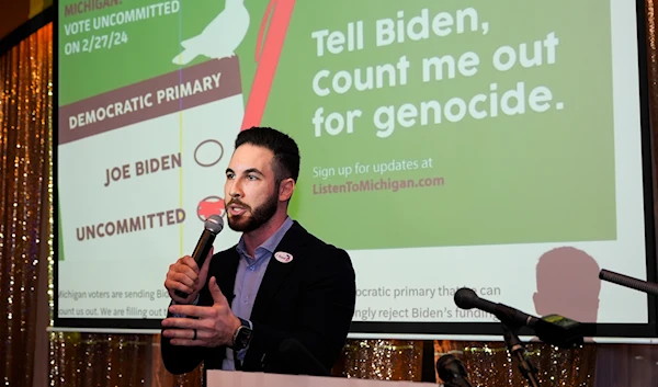 Dearborn Mayor Abdullah Hammoud speaks during an election night gathering, Tuesday, Feb. 27, 2024, in Dearborn, Michigan (AP)