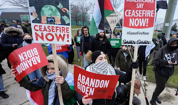 Pro-Palestinian demonstrators march during a visit by President Joe Biden in Warren, Mich., on February 1, 2024. (AP)