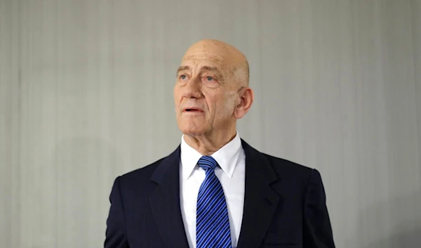 Former Israeli Prime Minister Ehud Olmert takes questions from reporters after a news conference in New York, Tuesday, Feb. 11, 2020. (AP)