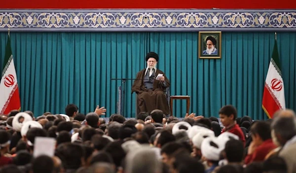 Iranian leader Sayyed Ali Khamenei speaks at a meeting with a group of first-time voters and families of martyrs in the capital Tehran on February 28, 2024. (leader.ir)