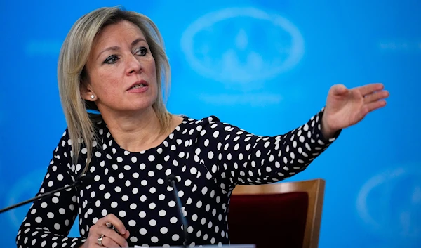 Russian Foreign Ministry spokeswoman Maria Zakharova gestures during Russian Foreign Minister Sergey Lavrov's annual news conference in Moscow, Russia, Thursday, Jan. 18, 2024. (AP)