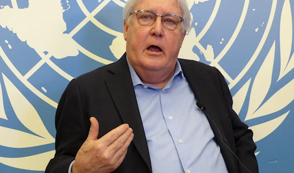 UN humanitarian aid coordinator Martin Griffiths speaks in Geneva, Switzerland, Thursday, May 18, 2023.(AP)