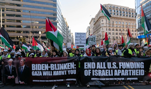 Demonstrators rally during the March on Washington for Gaza at Freedom Plaza in Washington, Saturday, Jan. 13, 2024(AP)