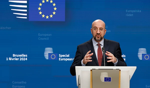 European Council President Charles Michel talks to journalists in Brussels, Thursday, Feb. 1, 2024. (AP)