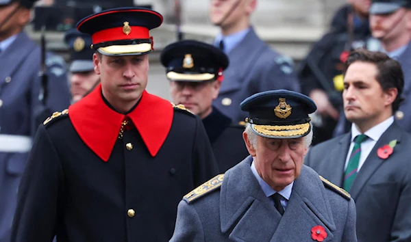 Britain's King Charles III, right, and Prince William attend the annual Remembrance Sunday ceremony at the Cenotaph in London, Nov. 12, 2023. (AP)