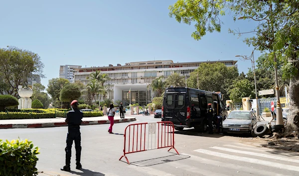 Senegalese police stand guard outside the National Assembly in Dakar, Senegal, Monday, Feb. 5, 2024. (AP)