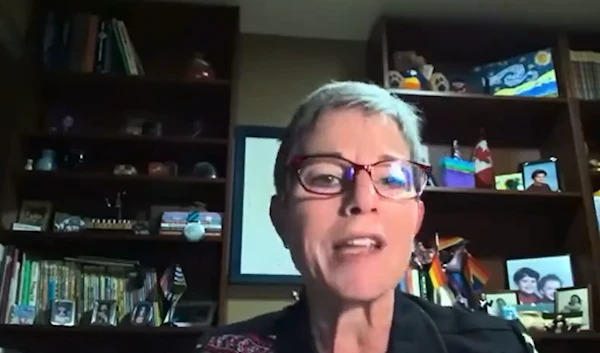 Selina Robinson, the Minister of Post-Secondary Education and Future Skills of BC, Canada, making anti-Palestine remarks during a Zoom talk on January 30, 2024. (Social media)