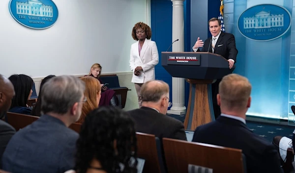 White House press secretary Karine Jean-Pierre listens as National Security Council spokesman John Kirby speaks during a press briefing at the White House, Thursday, Feb. 8, 2024, in Washington. (AP)