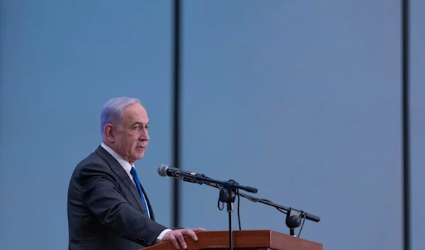 Israeli Prime Minister Benjamin Netanyahu speaks during a gathering of Zionist leaders at the Museum of Tolerance in occupied al-Quds, Sunday, Feb. 18, 2024. (AP Photo/Ohad Zwigenberg)