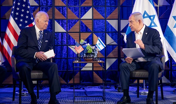 US President Joe Biden, left, meets with Israeli Prime Minister Benjamin Netanyahu, right, to discuss the the Israeli war on Gaza in 'Tel Aviv', occupied Palestine, on Oct. 18, 2023.(AP)