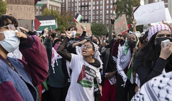 Students gather for a protest at Columbia University against the Israeli genocide in Gaza, Thursday, Oct. 12, 2023, in New York. (AP)