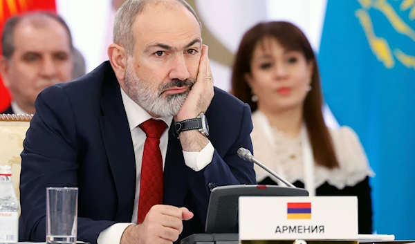 Armenian Prime Minister Nikol Pashinyan attends a meeting of the Eurasian Intergovernmental Council of the EAEU countries in an expanded format at the Atakent Business Cooperation Center in Moscow, Russia, Friday, Feb. 2, 2024. (AP)