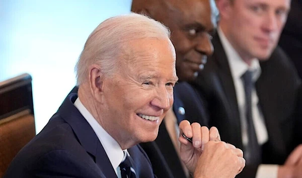 US President Joe Biden (L), Defense Secretary Lloyd Austin (C) and White House National Security Adviser Jake Sullivan in the East Room of the White House on March 12, 2024, in Washington. (AP)