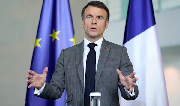 French President Emmanuel Macron talks to the media in Berlin, Germany, Friday, March 15, 2024. (AP)