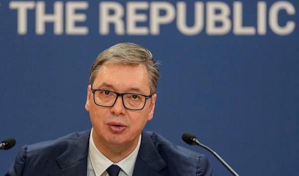 Serbian President Aleksandar Vucic speaks during a public address in Belgrade, Serbia, Friday, Feb. 2, 2024. Serbia on Sunday, Feb. 25, 2024.(AP)