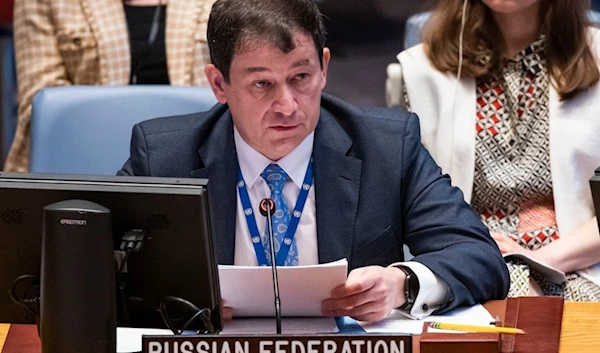 Russian Deputy Ambassador to the United Nations Dmitry Polyanskiy speaks during the UN Security Council meeting to discuss the maintenance of peace and security of Ukraine, Friday, July 21, 2023, at United Nations headquarters. (AP)