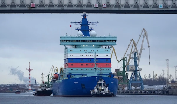 Newly built nuclear-powered icebreaker Ural, third of five icebreakers of Project 22220, in St. Petersburg, Russia, Nov. 23, 2022. (AP)