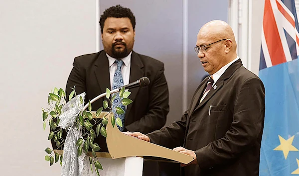 In this photo provided by the Tuvalu government, the newly elected Prime Minister, Feleti Teo, right, is sworn into office during a ceremony in Funafuti, Tuvalu, Wednesday, Feb. 28, 2024. (AP)